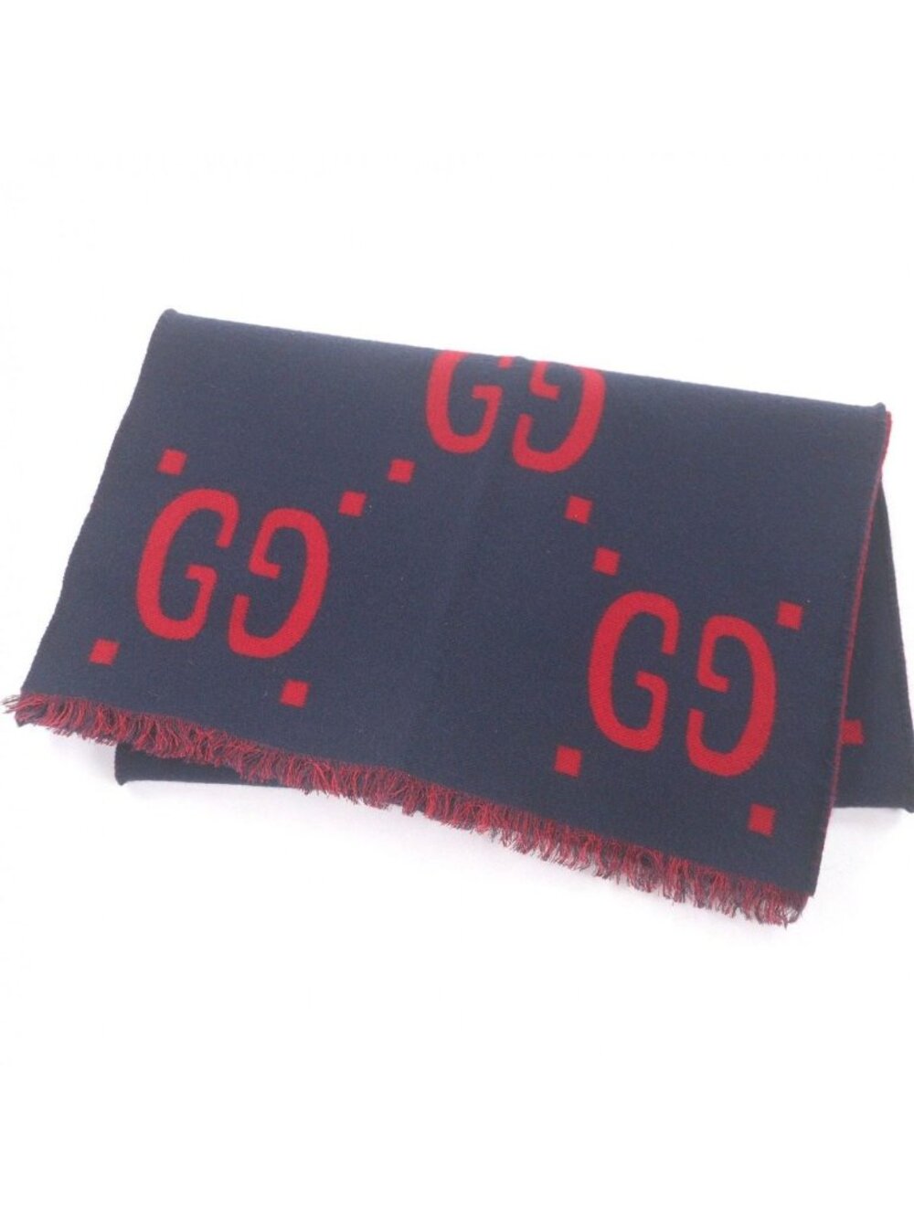 Gucci Wool Silk Jumbo GG Jacquard Fringe Scarf Navy Red